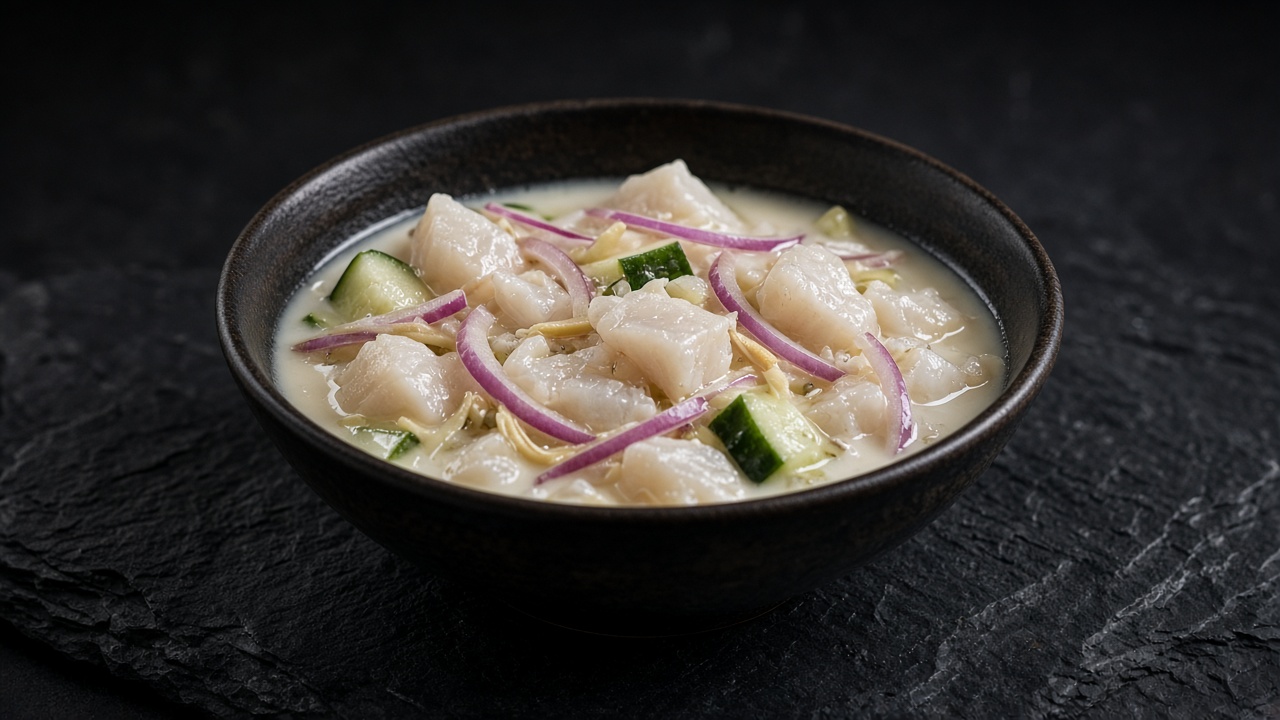 Cubes of raw white fish in coconut milk with cucumber, red onion and ginger.
