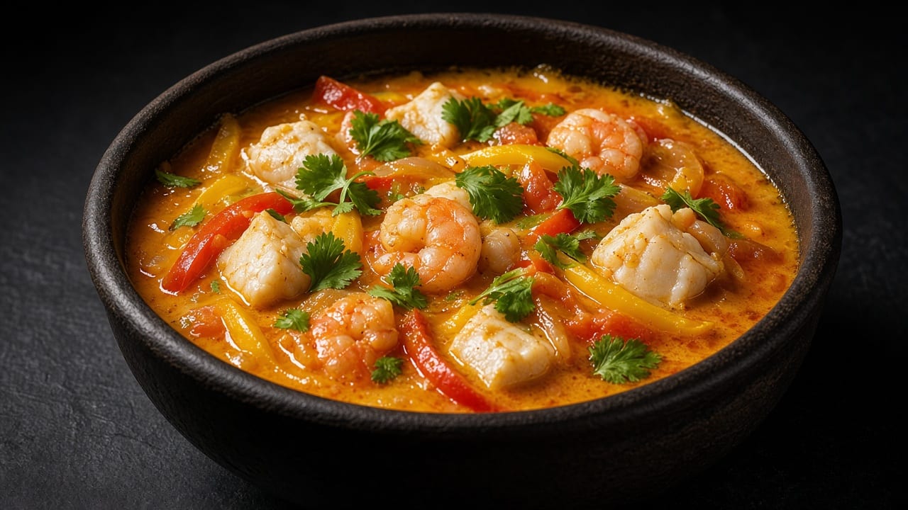 An orange coconut stew with chunks of white fish, prawns, red and yellow peppers and coriander in a dark bowl.
