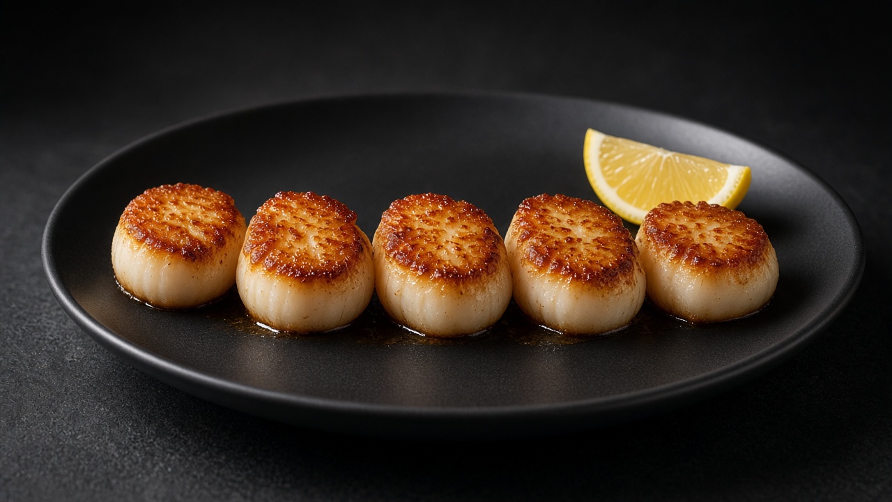 Five deep golden seared scallops on a plate with a lemon wedge.