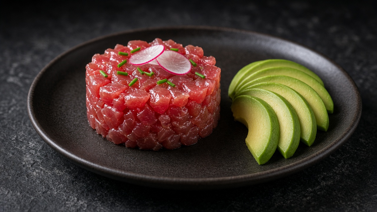 A round of raw tuna tartare topped with chives and radish slices beside a fan of sliced avocado.