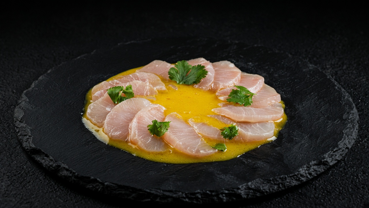 Slices of raw sea bass fanned in a circle over a pool of yellow ají amarillo sauce, scattered with coriander.