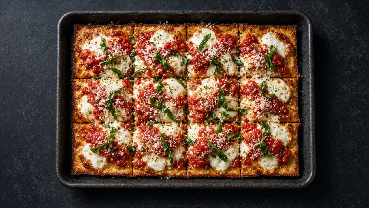 A rectangular pan pizza cut into squares, with melted mozzarella under dots of red tomato and chopped basil.