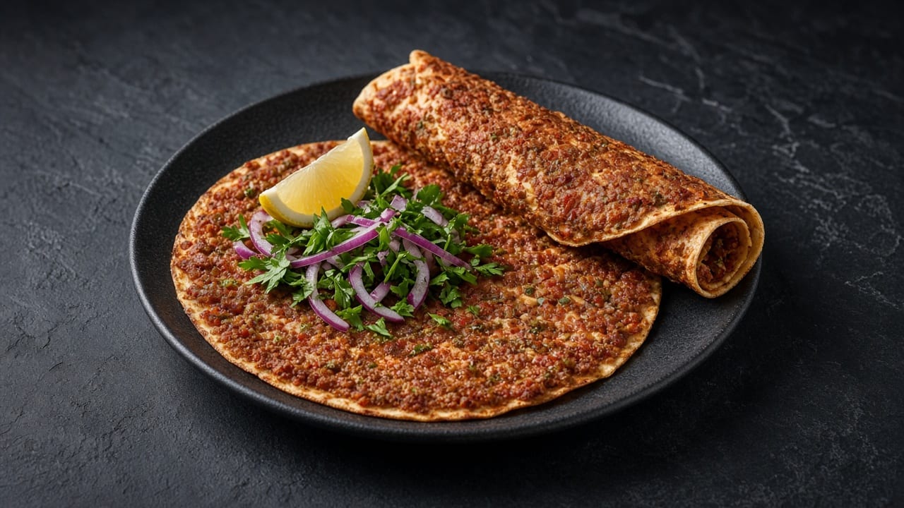 A thin round flatbread covered in spiced minced lamb, topped with red onion, parsley and a lemon wedge, with a second one rolled up beside it.