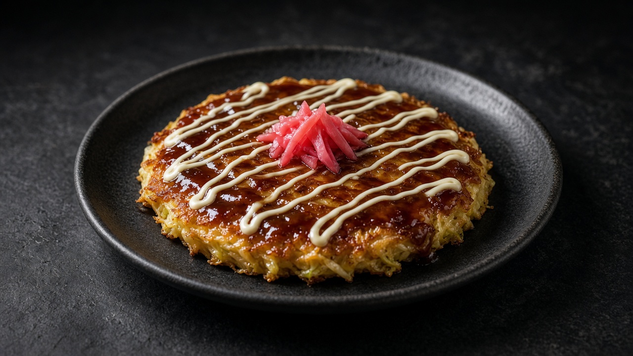 A thick golden cabbage pancake glazed with brown sauce and drizzled with zigzags of mayonnaise.