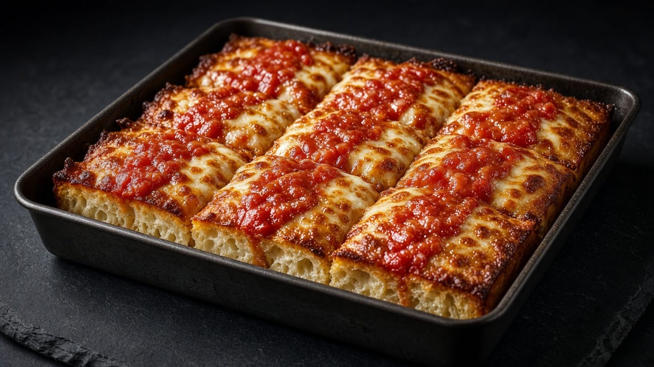 A rectangular pan pizza in a dark tin, cut into squares, with stripes of tomato sauce over golden cheese.