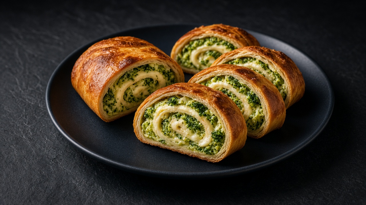 Thick slices of golden stromboli showing a spiral of spinach and melted cheese.