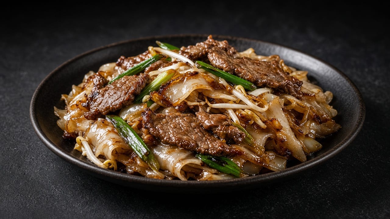 Wide rice noodles stir-fried with beef, bean sprouts and spring onions on a black plate on dark slate.