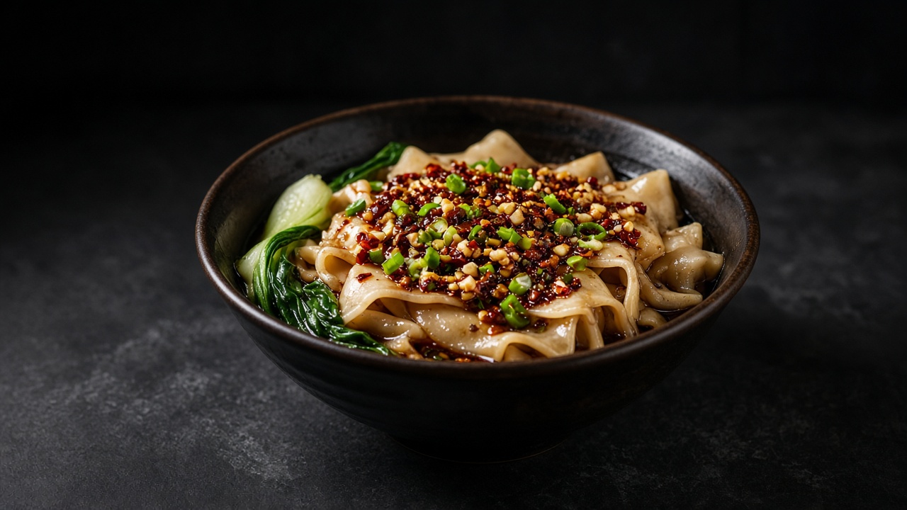Wide hand-pulled noodles topped with chilli flakes, spring onions and pak choi in a black bowl on dark slate.