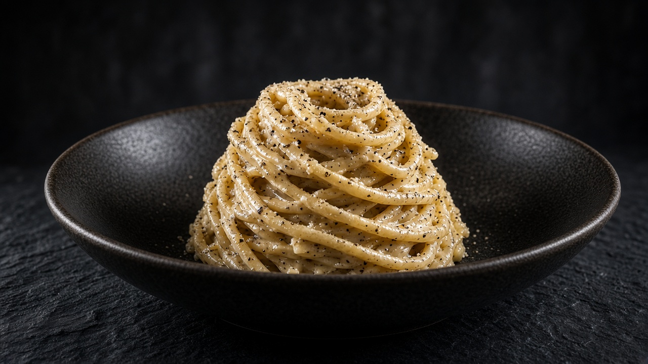 A tall twirled nest of pale spaghetti flecked with black pepper in a black bowl on dark slate.