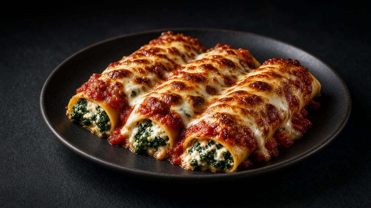 Three cannelloni filled with spinach and ricotta under tomato sauce and browned melted cheese on a black plate.