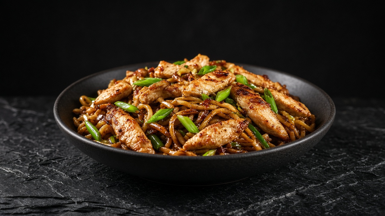Chow mein with strips of browned chicken and spring onions in a black bowl on dark marble.