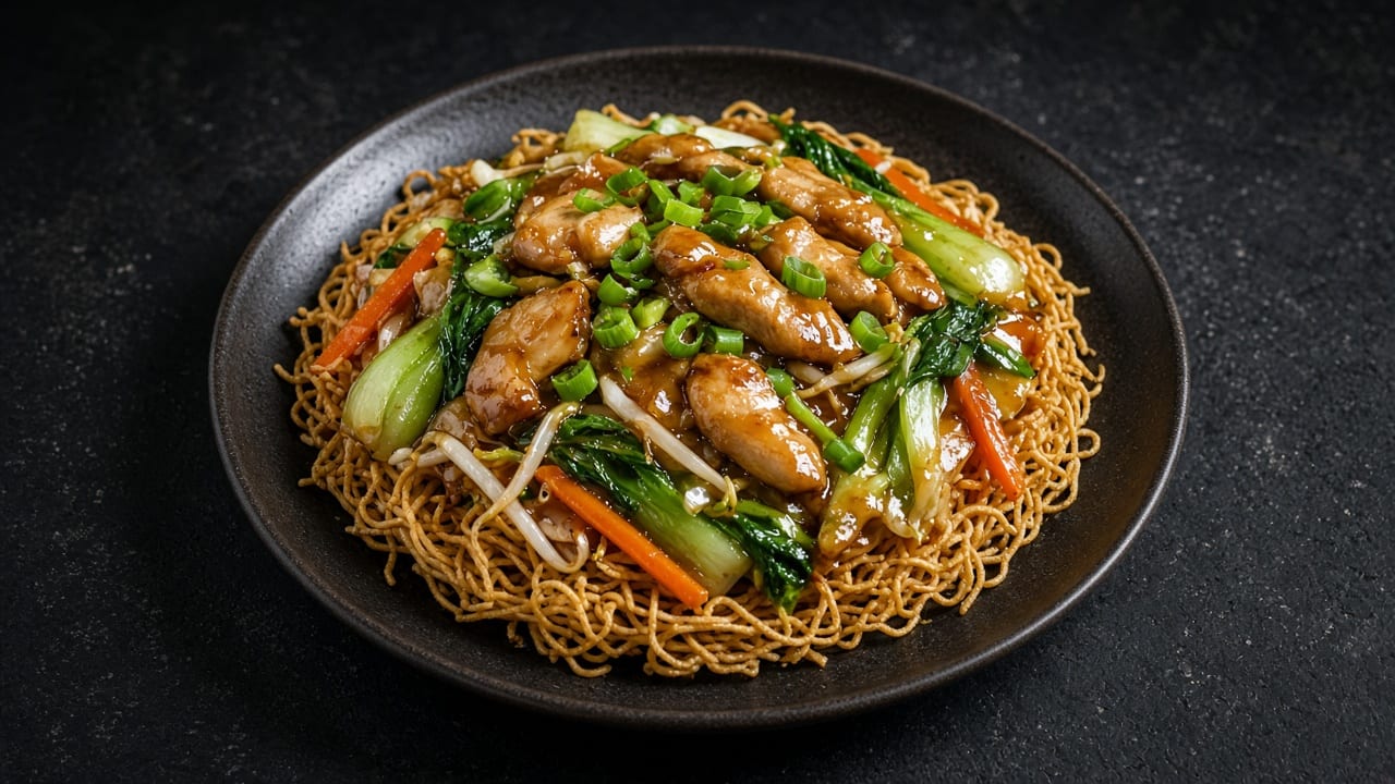 Chow mein noodles topped with sliced chicken, pak choi, carrot, bean sprouts and spring onions on a black plate on dark slate.