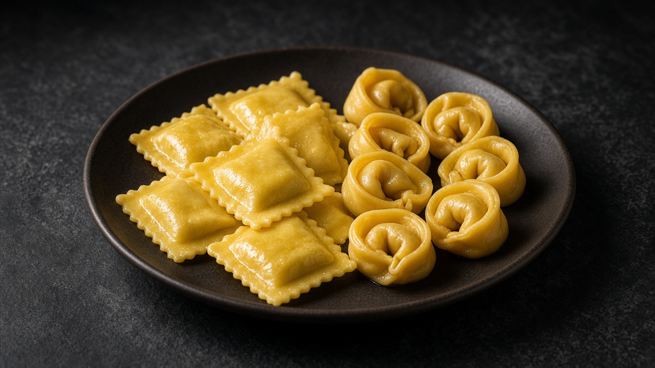 Square ricotta ravioli with fluted edges next to a few tortellini on a black plate on dark slate.
