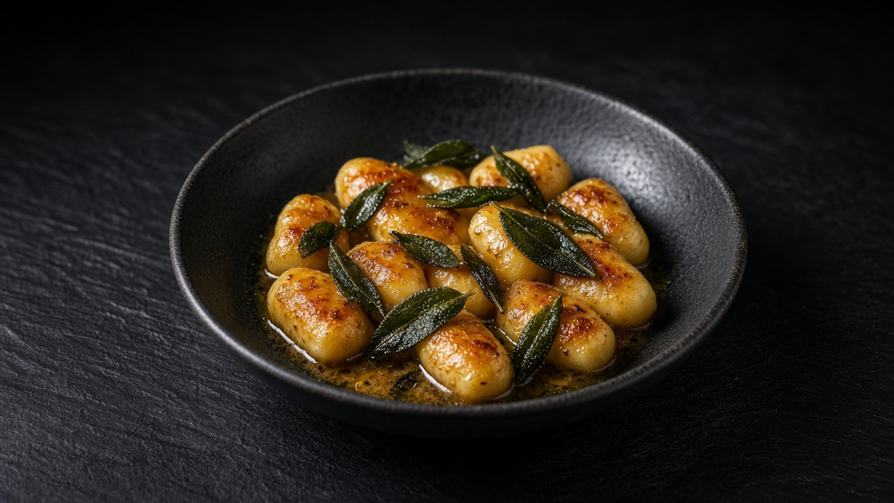Golden potato gnocchi glazed in brown butter with crisp sage leaves in a black bowl on dark slate.