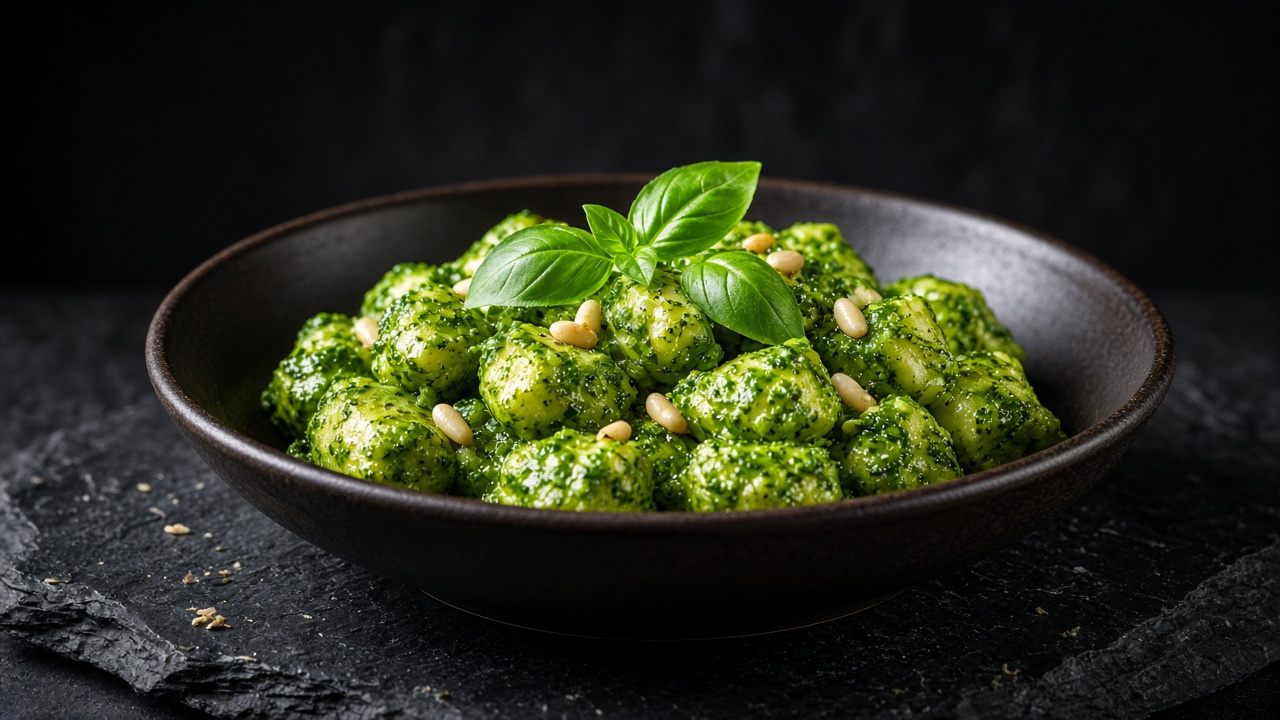 Potato gnocchi coated in bright green basil pesto with fresh basil leaves in a black bowl on dark slate.