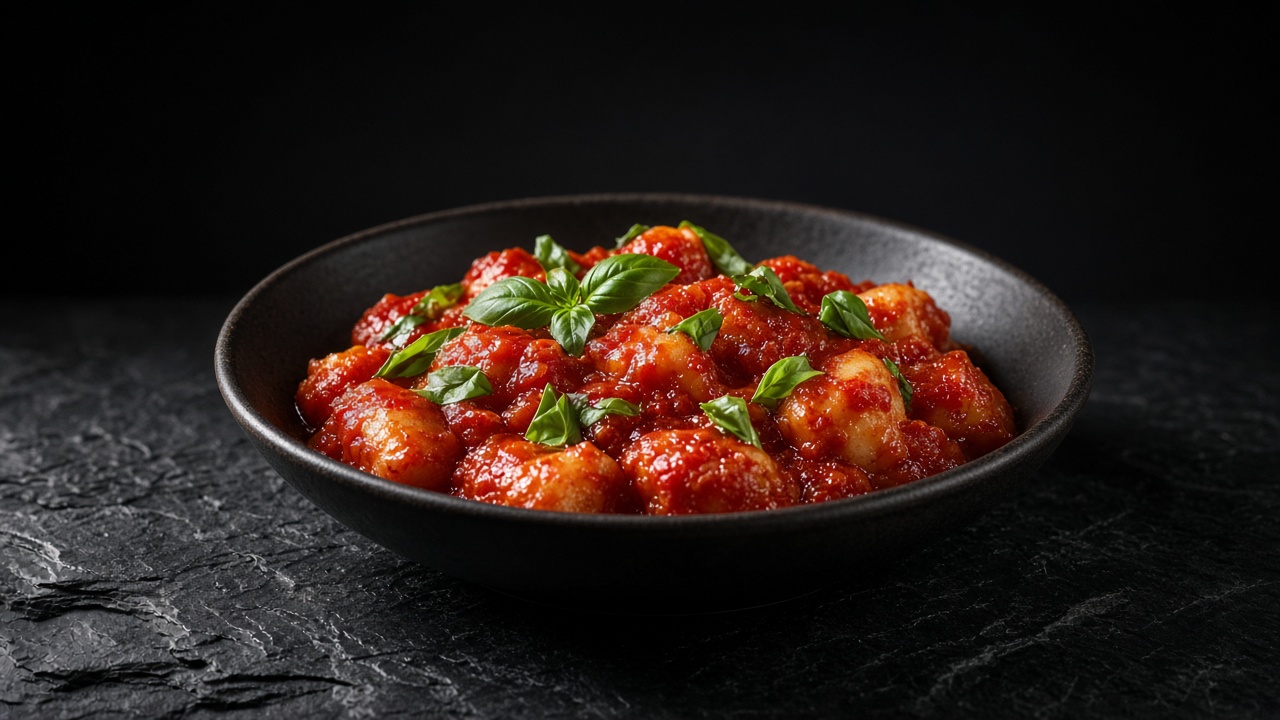 Potato gnocchi in a chunky cherry tomato sauce with basil leaves in a black bowl on dark slate.
