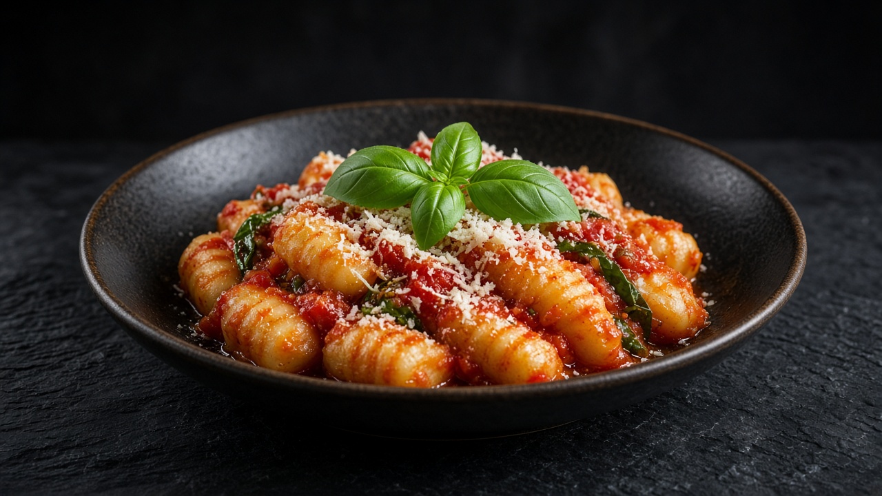 Ridged potato gnocchi in tomato sauce with grated Parmesan and fresh basil in a black bowl on dark slate.