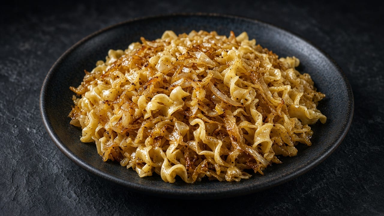 A heap of buttery wide egg noodles tossed with browned cabbage, onion and black pepper on a black plate on dark slate.