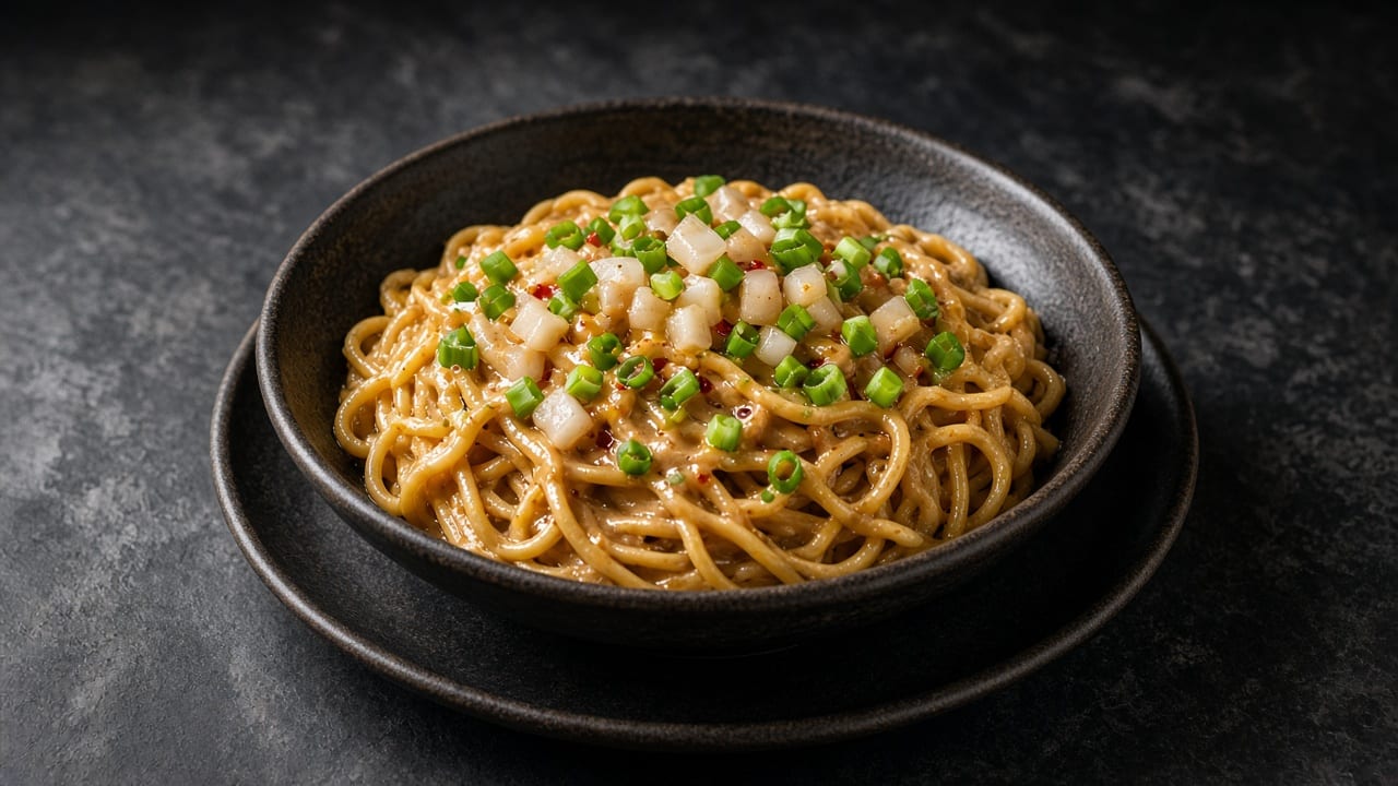 Sesame-coated noodles topped with chopped pickles and spring onions in a black bowl on a black plate.