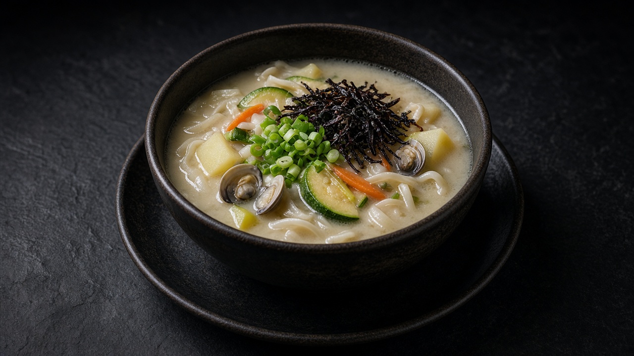 A bowl of noodle soup with courgette, potato, spring onions and seaweed in a black bowl on a black plate.
