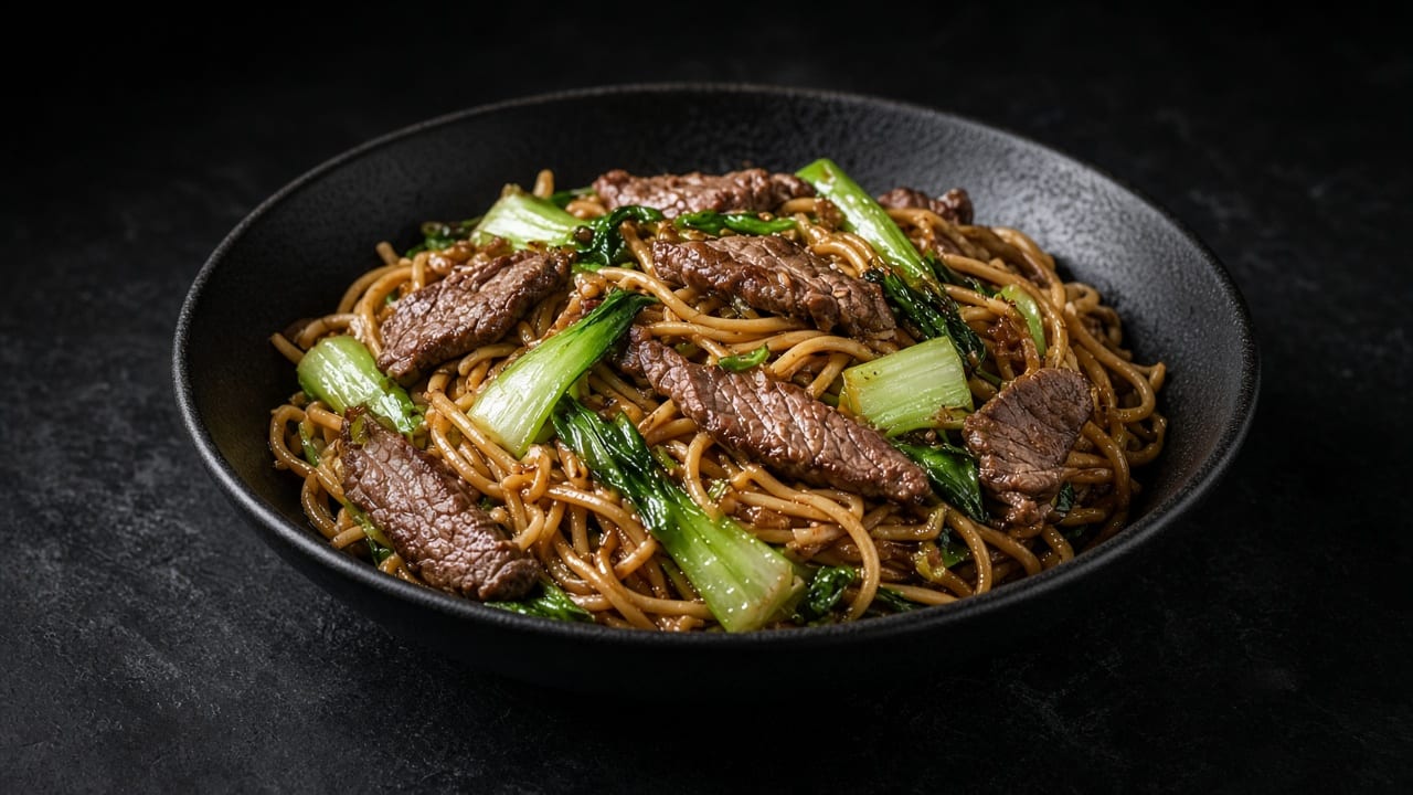 Lo mein with sliced beef and pak choi in a black bowl on dark slate.