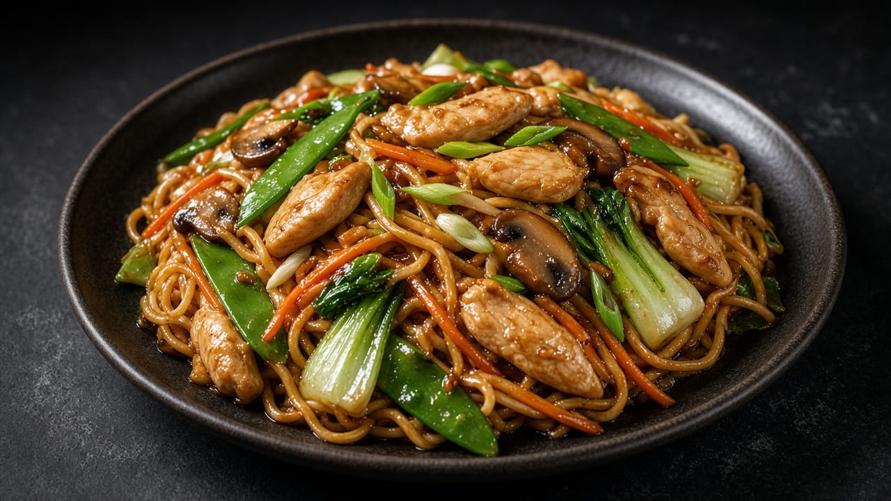 Lo mein noodles with chicken, pak choi, mangetout and carrot on a black plate on dark slate.