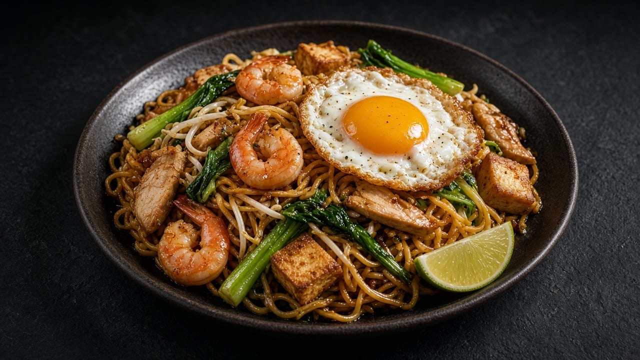 Spicy fried noodles with prawns, tofu, greens, a lime wedge and a fried egg on top on a black plate on dark slate.