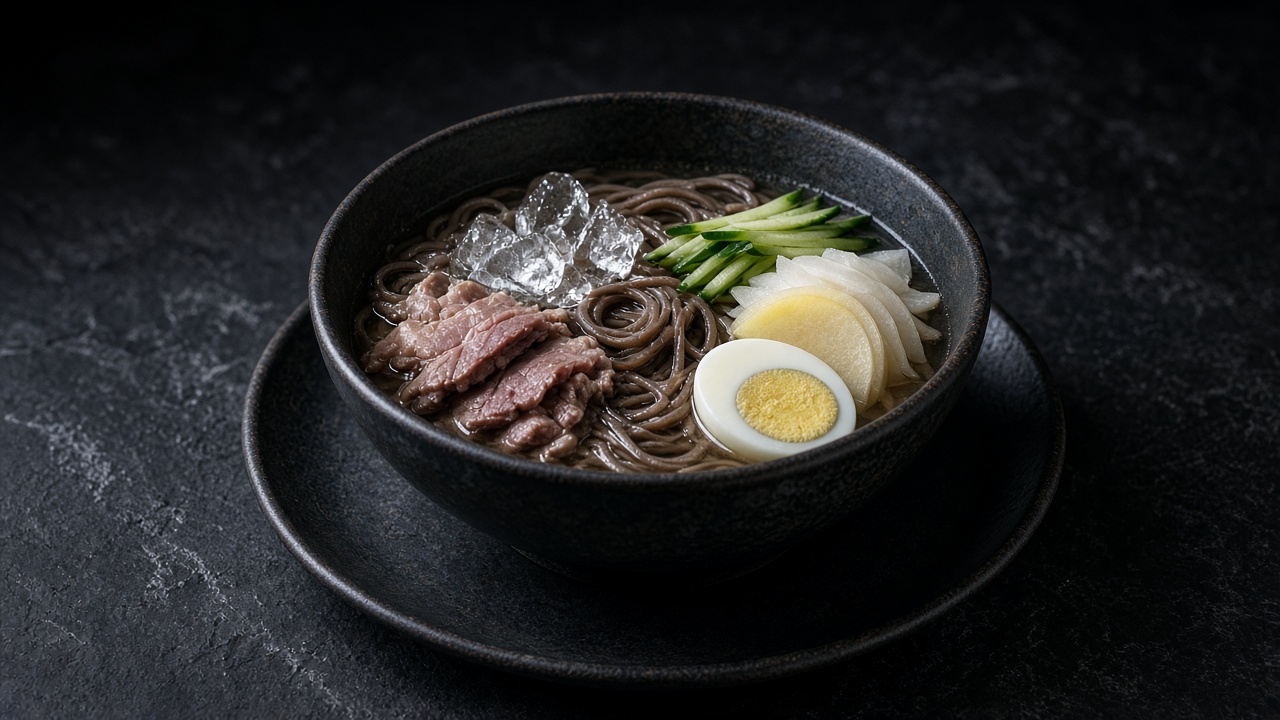 Cold buckwheat noodles in icy broth topped with sliced beef, cucumber, pear and half a boiled egg in a black bowl.