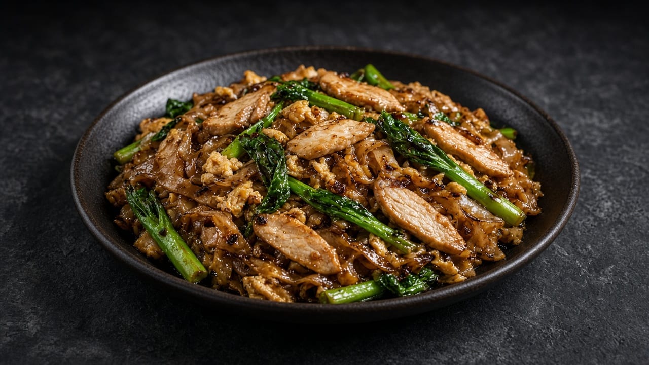 Wide rice noodles with chicken, egg and Chinese broccoli, glossy with dark soy on a black plate on dark slate.