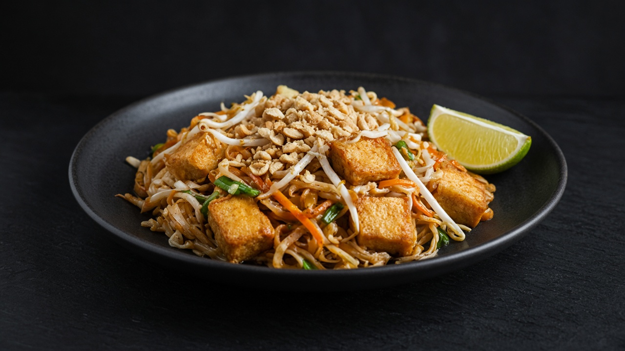Pad thai topped with golden tofu cubes, bean sprouts, crushed peanuts and a lime wedge on a black plate on dark slate.