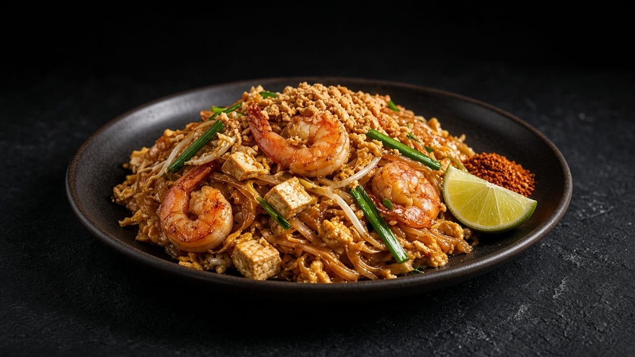 Pad thai with prawns, tofu, bean sprouts, crushed peanuts and a lime wedge on a black plate on dark slate.