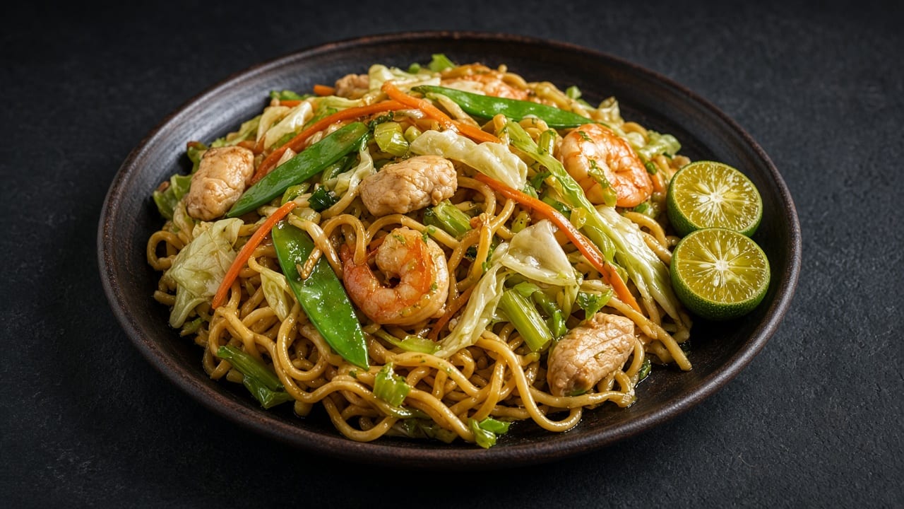 Egg noodles with prawns, chicken, cabbage, carrot, green beans and calamansi halves on a black plate on dark slate.