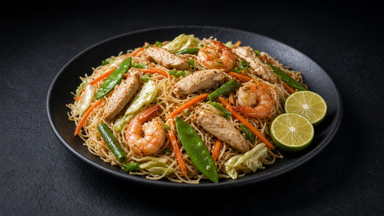 Thin rice noodles with chicken, prawns, mangetout, carrot and calamansi halves on a black plate on dark slate.