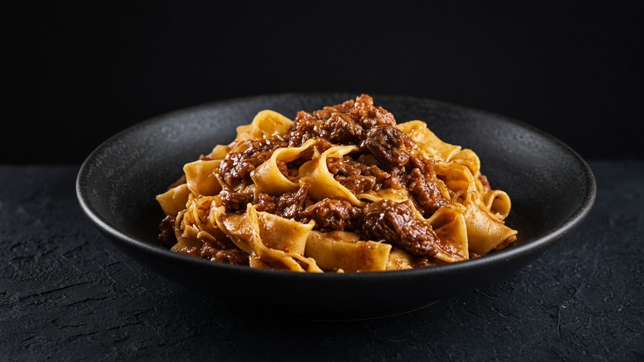 Wide pappardelle ribbons tossed with dark shredded beef ragù on a black plate on dark slate.