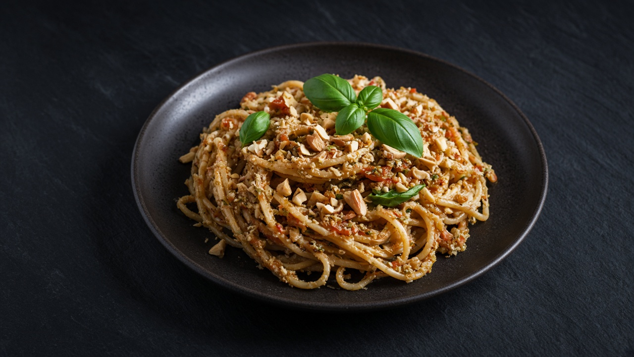 Linguine coated in a rough almond and tomato pesto, topped with basil leaves in a black bowl on dark slate.