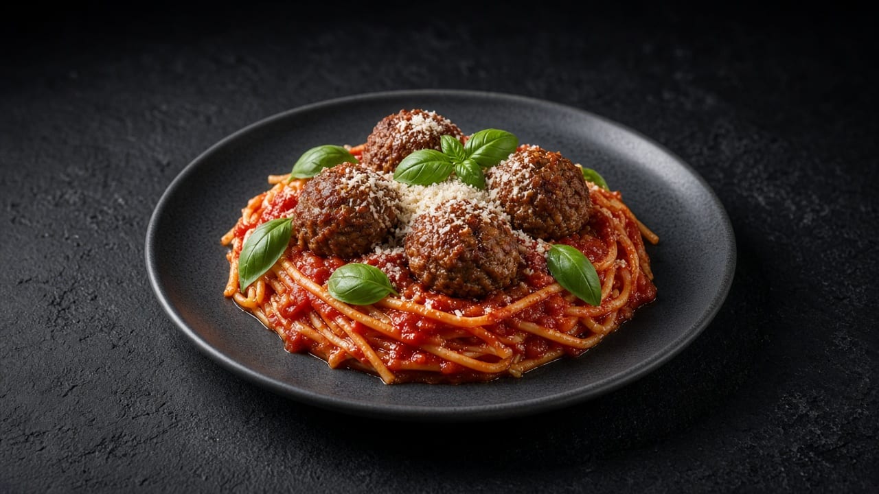 Spaghetti in tomato sauce topped with three browned beef meatballs and basil in a black bowl on dark slate.