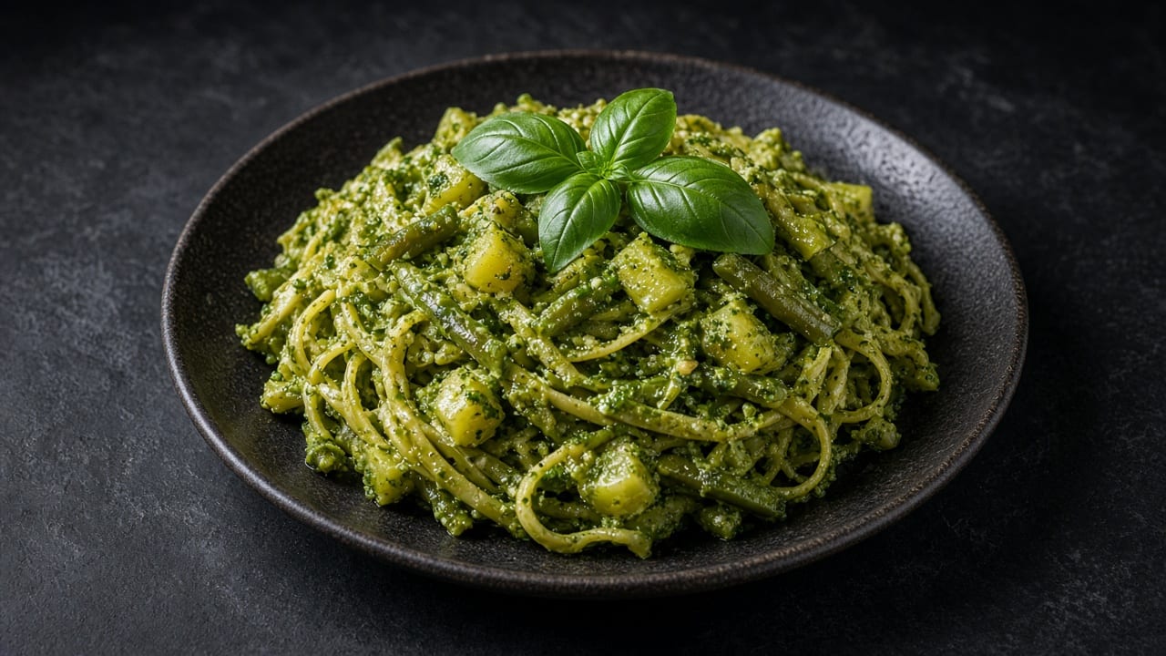 Pasta coated in bright green basil pesto with pieces of potato and basil leaves in a black bowl on dark slate.