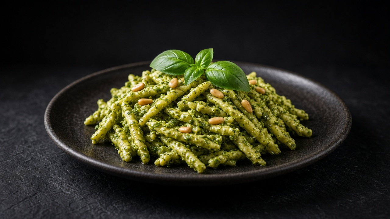 Twisted trofie coated in bright green basil pesto, topped with basil leaves, on a black plate on dark slate.
