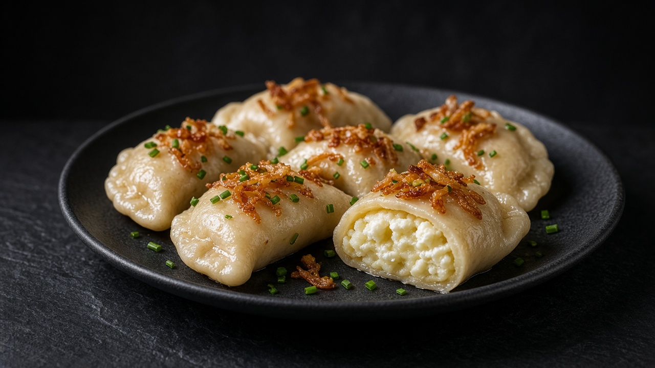 Golden pan-fried half-moon dumplings, one cut open to show a creamy potato and cheese filling, topped with fried onions and chopped chives.