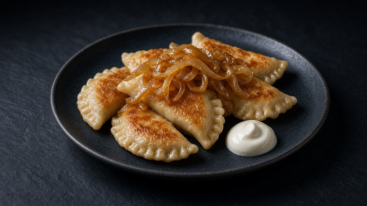 Pan-fried potato and sauerkraut pierogi with golden onions, sour cream and chives.
