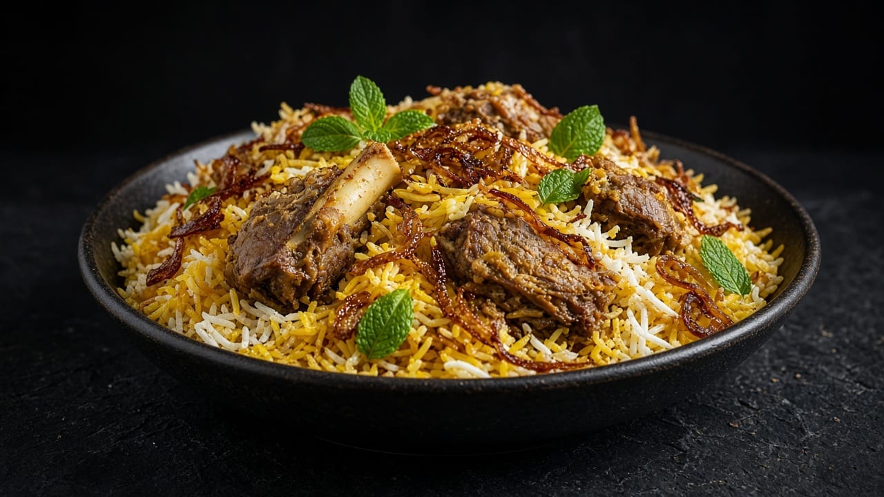 A dark bowl of biryani with white and saffron-yellow basmati rice, tender pieces of spiced lamb, golden fried onions and fresh mint and coriander.