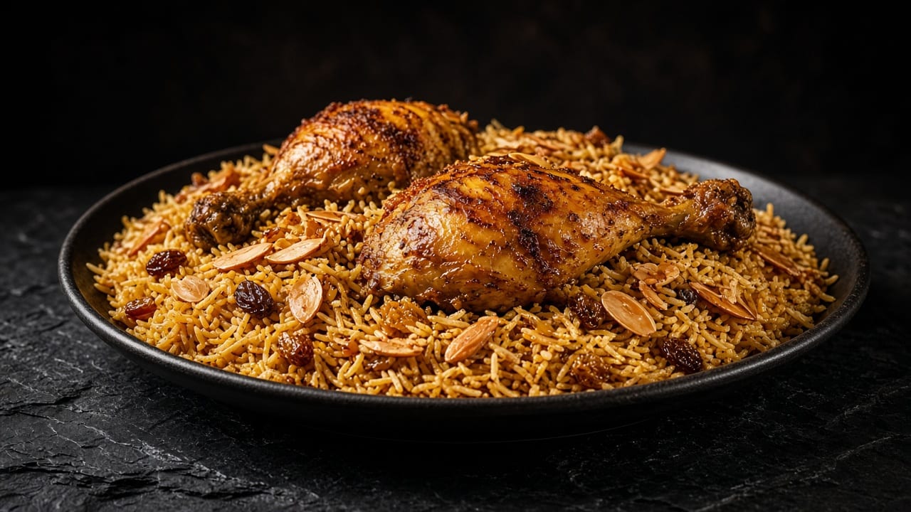 Browned chicken legs on a platter of orange spiced rice, scattered with toasted almonds and golden raisins.