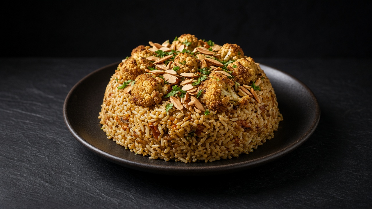 A turned-out dome of spiced rice with roasted cauliflower, scattered with toasted nuts.