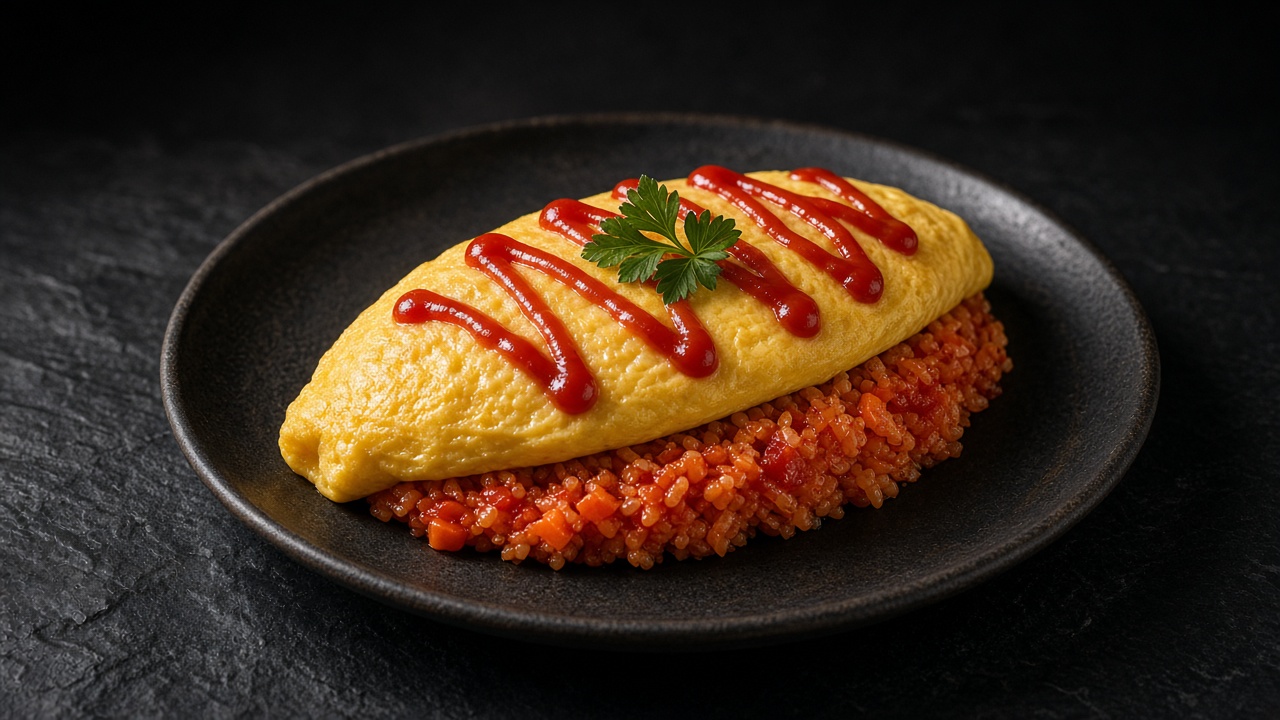 A smooth yellow omelette over ketchup chicken fried rice, zigzagged with ketchup and topped with parsley.