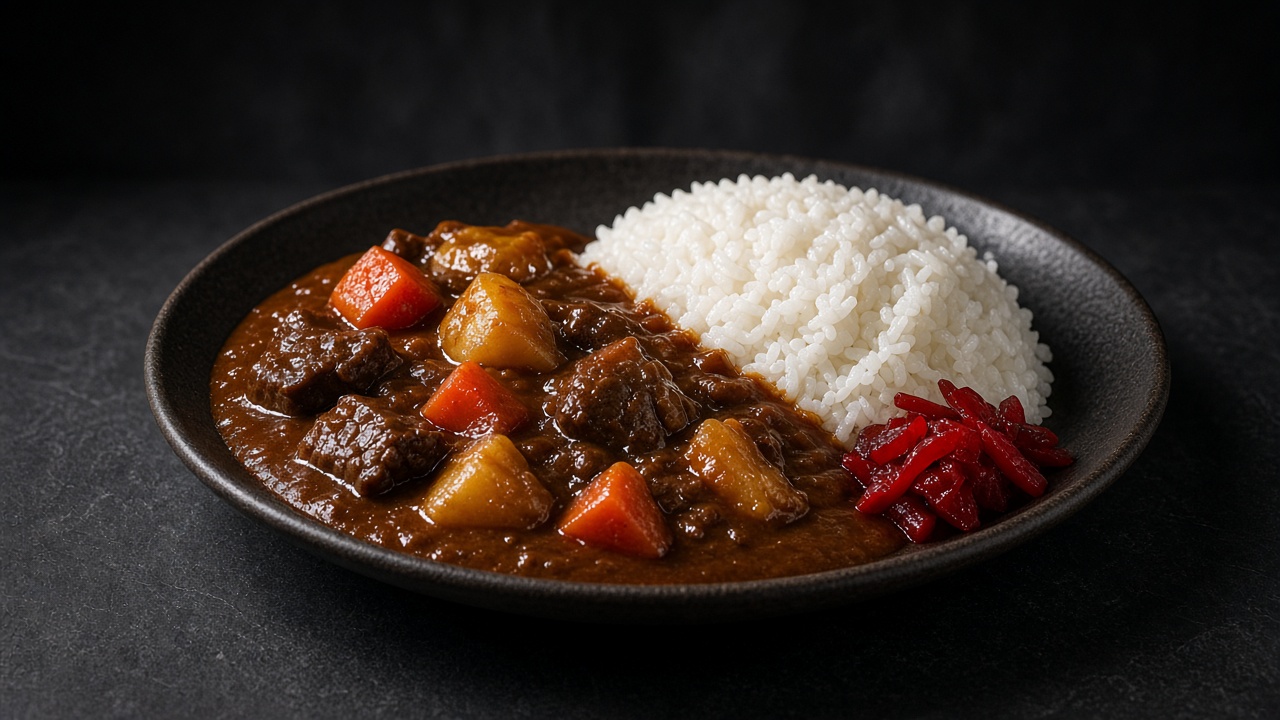 A dark plate of glossy brown beef curry with carrot and potato chunks beside a mound of white short-grain rice.