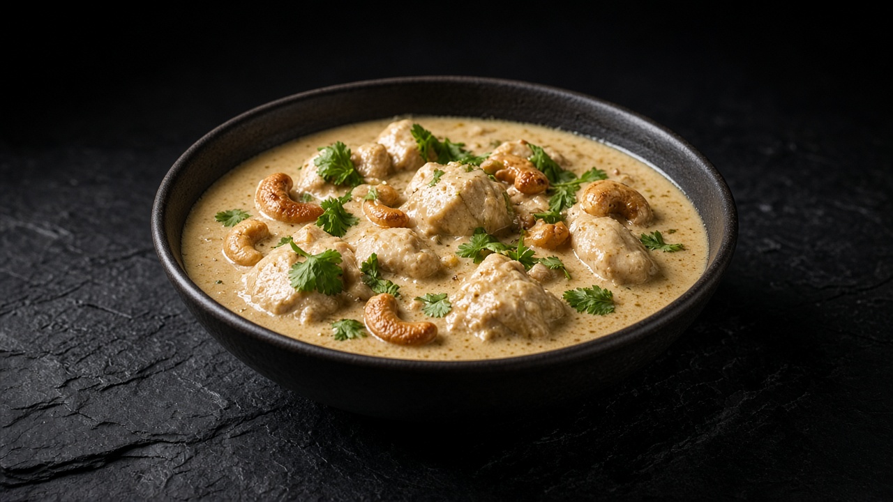 A dark bowl of creamy pale chicken curry topped with toasted cashews and chopped coriander.