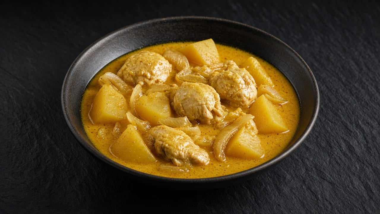 A dark bowl of bright yellow coconut curry with chicken, potato chunks and soft onion wedges.