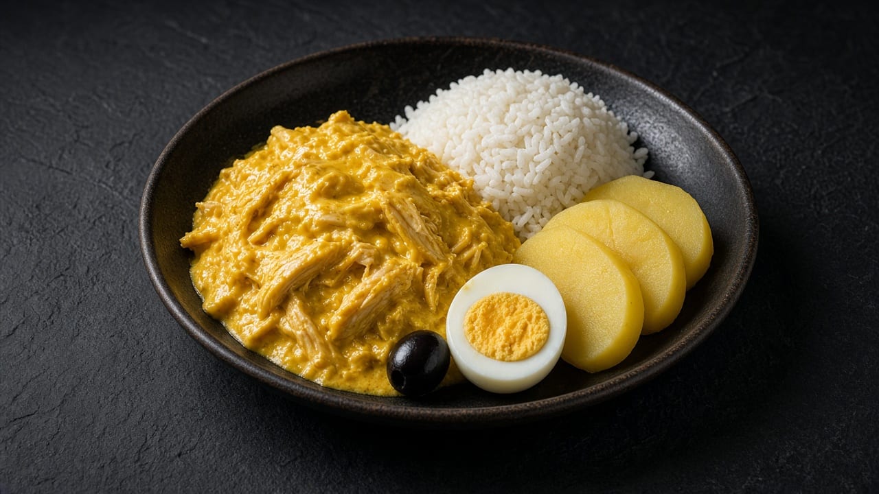 A dark bowl of shredded chicken in a creamy yellow chilli sauce with white rice, sliced potatoes, half a boiled egg and a black olive.