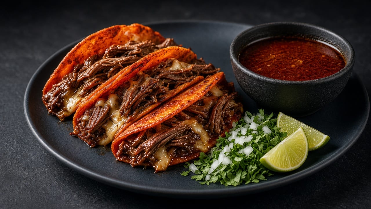 Crisp red-tinged folded tacos filled with shredded beef and melted cheese on a dark plate, with a small bowl of red broth, chopped onion and coriander, and lime wedges.