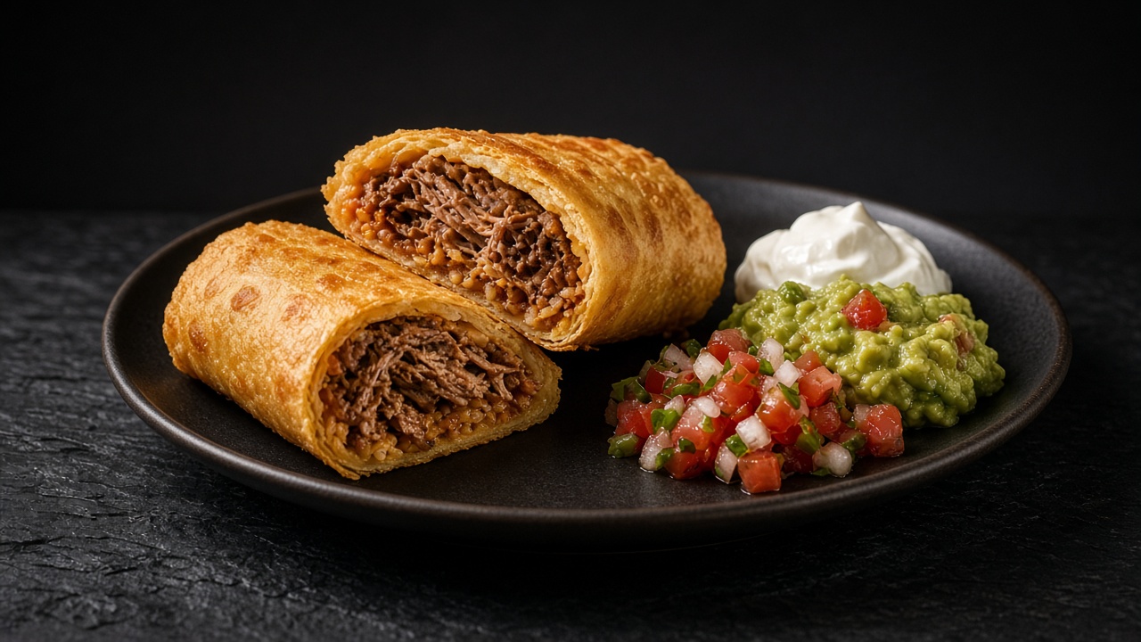 Golden fried chimichangas filled with shredded beef, served with soured cream, guacamole and fresh tomato salsa.